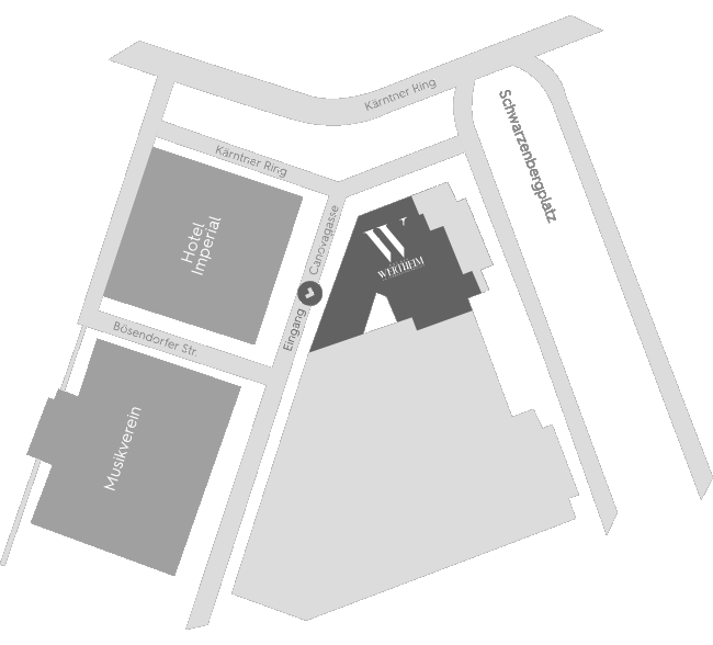 Schematic map of a city block around Kärntner Ring with Hotel Imperial and Musikverein labeled along the streets.